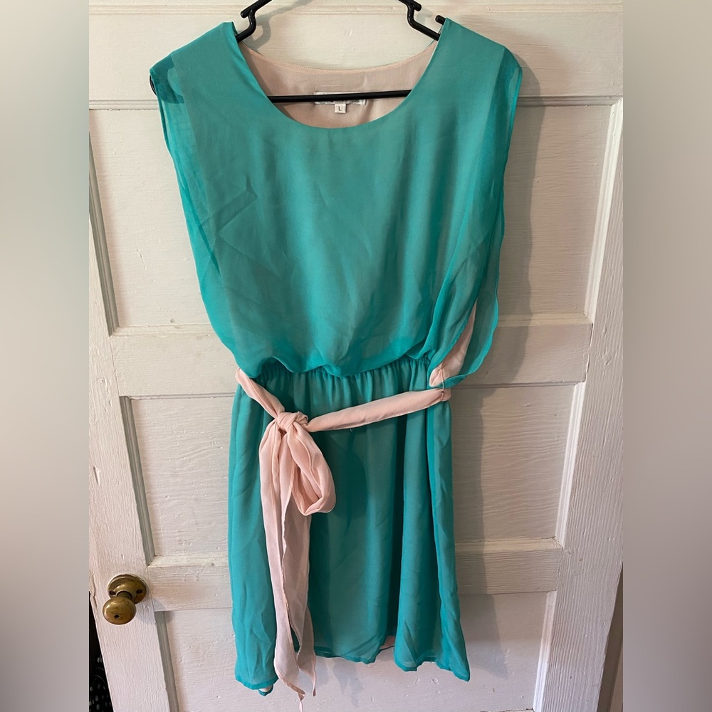 Joy Joy aqua colored dress with tan belt. Size large.